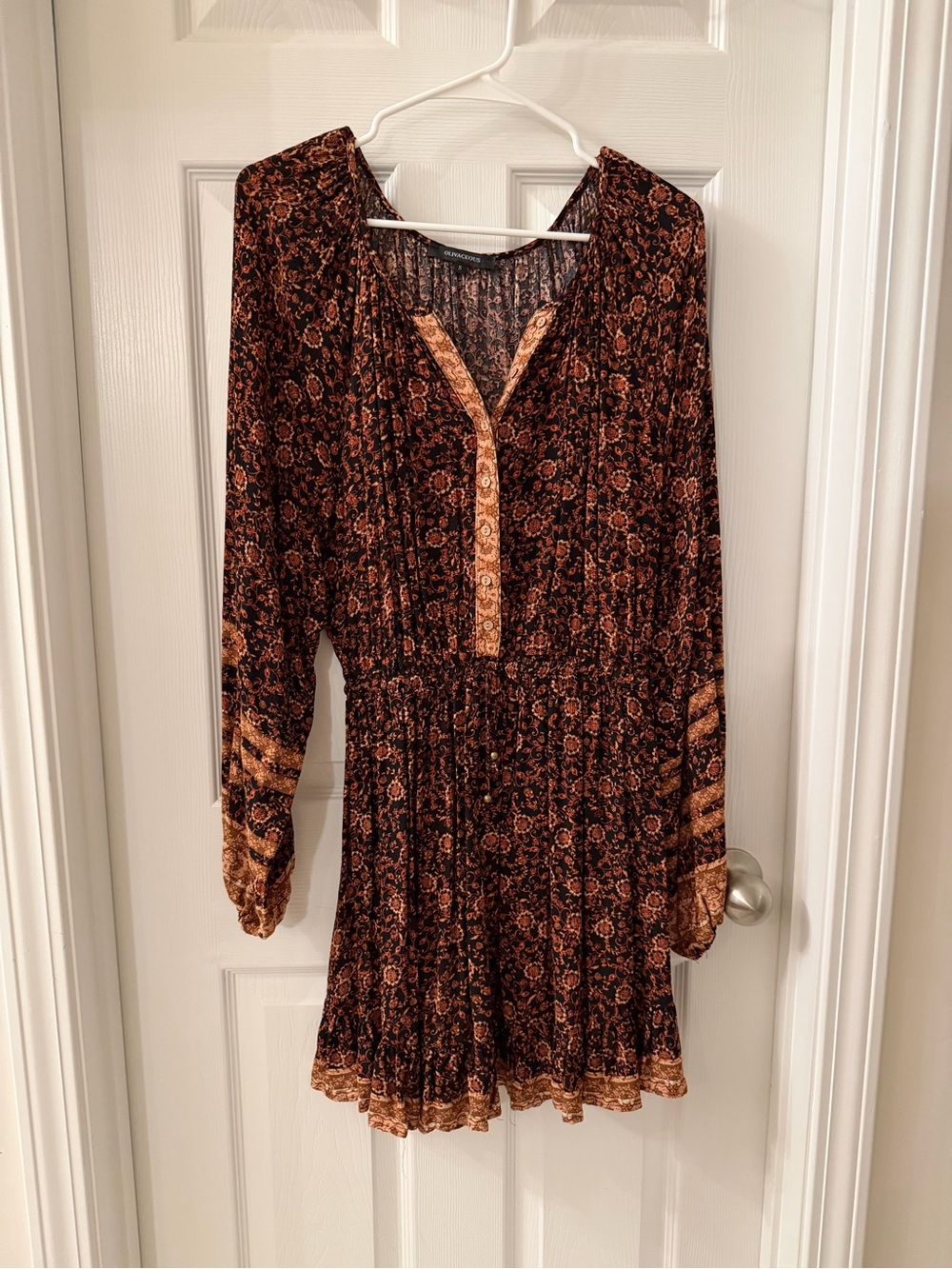 Bohemian Brown Floral Long-Sleeve Dress